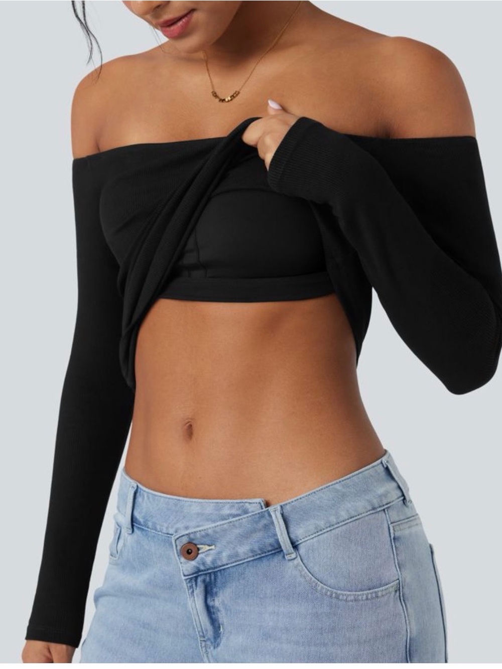 Ribbed Knit Off Shoulder Long Sleeve 2-in-1 Casual Top - Picture 5 of 8